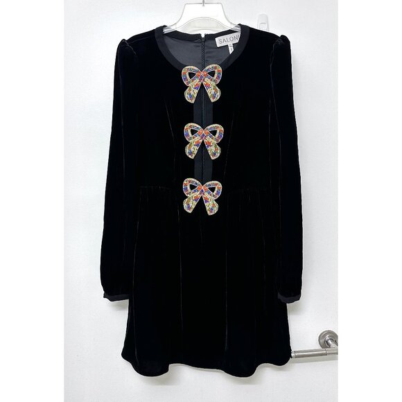Saloni Camille Rainbow Crystal Bow Liquid Velvet Mini Dress Black US 10 - Picture 2 of 16